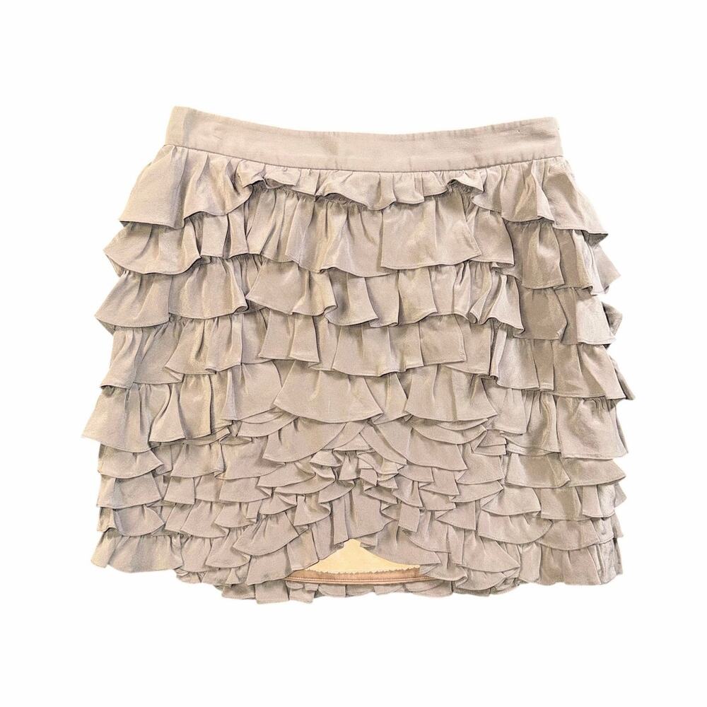 Leifsdottir Anthropologie 100% Silk Ruffle Tiered Mini Skirt Taupe Brown Gray 6